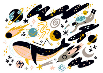 Various abstract space elements. Hand drawn colored vector set. All elements are isolated