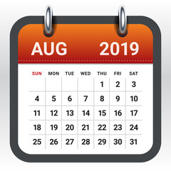 August 2019 monthly calendar vector illustration