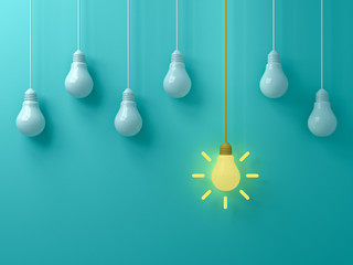 Fototapete - Think different concept One hanging yellow idea light bulb standing out from white unlit bulbs on blue green pastel color background leadership and individuality creative idea concepts 3D rendering