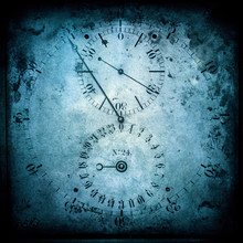 Grunge Textured, Blue Antique Clock. Old Clockwork Background.
