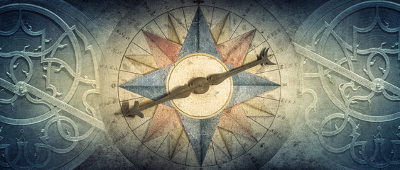 Wall Mural - old compass and astrolabe - ancient astronomical device on vintage background. abstract old conceptu