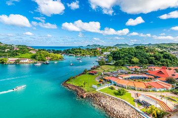 Wall Mural - Aerial view of port Castries with duty free shops. Popular for cruise passengers. Saint Lucia, Caribbean Island.