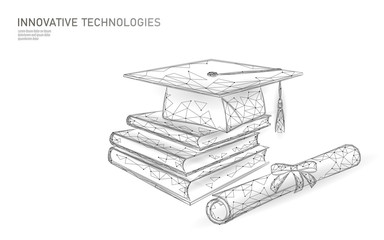 e-learning distant graduate certificate program concept. low poly 3d render graduation cap, books, d