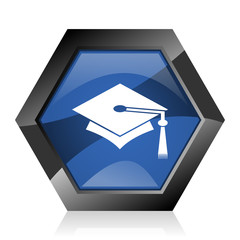 Aufkleber - Education dark blue glossy hexagon geometric diamond vector web icon with reflection on white background. Modern design hexagonal internet graduation button.