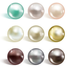 Realistic Different Colors Pearls Set. Round Colored Nacre Formed Within The Shell Of A Pearl Oyster, Precious Gem. Vector Illustration