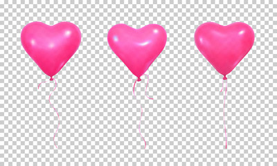 Wall Mural - Valentine's Day balloons. Set of realistic pink helium balloons of heart shape and ribbons.