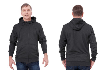Wall Mural - Man in black sweatshirt, black hoodies front and rear. white background