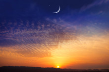 Paradise Heaven . Red Sunset And Moon . Ramadan Background . Half Moon And Star . Beautiful Star . Sunset And New Moon . Beautiful Sky