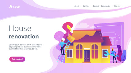 Sticker - Workers with paintbrush and wrench improving the house. House renovation, property renovation, house remodeling and onstruction services concept. Website vibrant violet landing web page template.