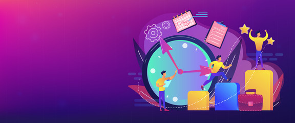 Businessman sets goals and runs up on graph columns for success on time. Self-management, self regulation learning, self-organization course concept. Header or footer banner template with copy space.