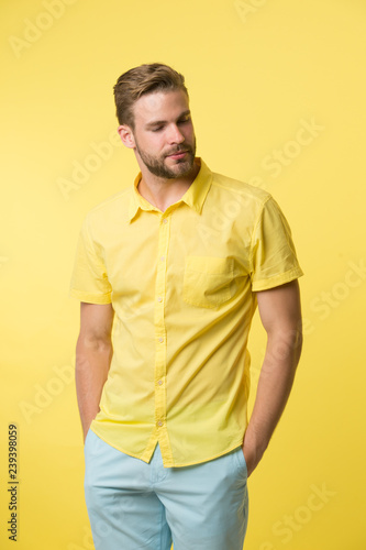 Casual Style Man On Calm Face Posing Confidently Put Hands Pockets Man Attractive In Casual Shirt Guy Fashion Model Wear Casual Shirt Feel Comfortable In Simple Outfit Casual Comfortable Outfit Buy