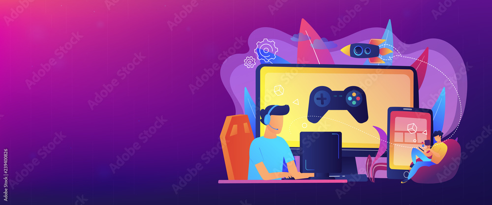 Gamers play video game on different hardware platforms. Cross-platform play, cross-play and cross-platform gaming concept on white background. Header or footer banner template with copy space. - obrazy, fototapety, plakaty 