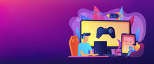 Gamers Play Video Game On Different Hardware Platforms. Cross-platform Play, Cross-play And Cross-platform Gaming Concept On White Background. Header Or Footer Banner Template With Copy Space.
