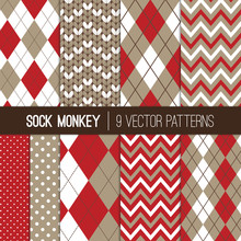 Sock Monkey Inspired Vector Patterns In Taupe Gray, Brown And Red Argyle, Chevron, Polka Dots And Knitted Prints. Repeating Pattern Tile Swatches Included.