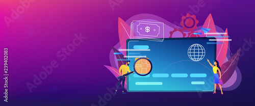 Plastic Bank Card Microchip And Man With Magnifier Credit Card Payment And Shopping E Commerce Bank Technology Secure Purchase Online Concept Violet Palette Header Or Footer Banner Template Stock Vector Adobe Stock