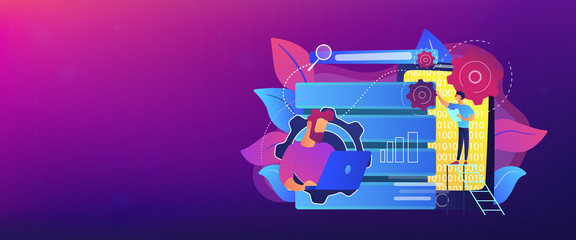 Developer using big data applications and tablet. Data processing software, database management and analysis, information privacy concept, violet palette. Header or footer banner template.