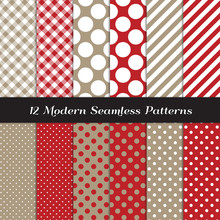 Taupe And Red Polka Dots, Gingham And Stripes Seamless Vector Patterns. Sock Monkey Style Backgrounds. Repeating Pattern Tile Swatches Included.