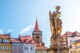 Fountain statue and Valdice Gate, or Valdicka brana, in Jicin, Czech Republic