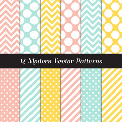 Wall Mural - Yellow, Mint, Coral and White Polka Dots, Chevron and Candy Stripes Patterns. Modern Geometric Easter Backgrounds. Repeating Pattern Tile Swatches Included.