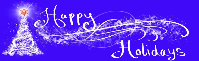 Wall Mural - happy holidays, merry christmas banner header wide with flourish and holiday tree, snowflakes