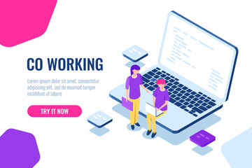 Collaboration isometric, coworking space, young people programmer developer, laptop with program code cartoon