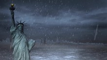 Statue Of Liberty In A Rainstorm Loop Features The Statue Of Liberty In A Rainstorm And A Silhouette Of The New York Skyline Behind And Animated Mist