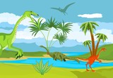 Fototapeta Dinusie - Dinosaurs world, prehistoric landscape scene vector