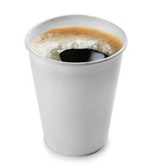 Paper cup of hot coffee on white background