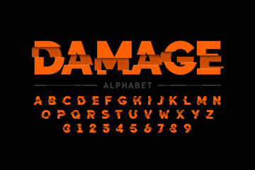 Damaged font design, alphabet letters and numbers