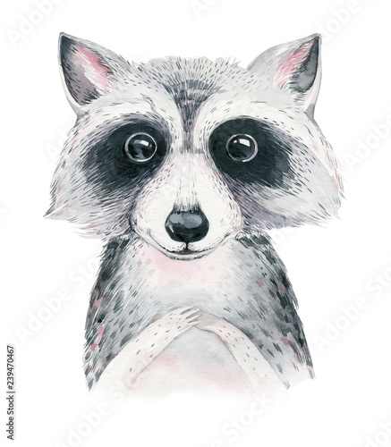 Watercolor Cartoon Isolated Cute Baby Rac Animal With Flowers Cute Baby Rac Animal With Flowers