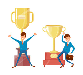 Wall Mural - success businessman and trophy cups, golden awards