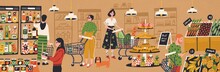 Men And Women With Shopping Carts And Baskets Choosing And Buying Products At Grocery Store. People Purchasing Food At Supermarket. Customers In Retail Shop. Flat Cartoon Vector Illustration.