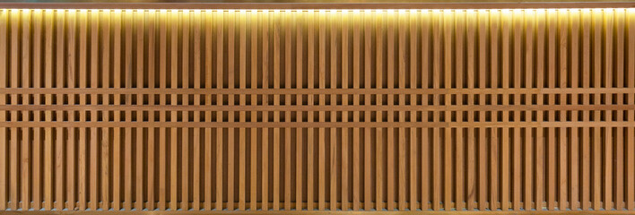 Wood Slats, timber battens wall pattern surface texture. Close-up of interior material for design decoration background