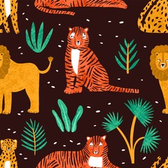 Wall Mural - Childish seamless pattern with funny lions, tigers, leopards and leaves of tropical plants on dark background. Backdrop with cute wild exotic predators. Colorful vector illustration in flat style.