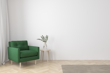 interior of living room modern style with fabric armchair, side table and empty white wall on wood f