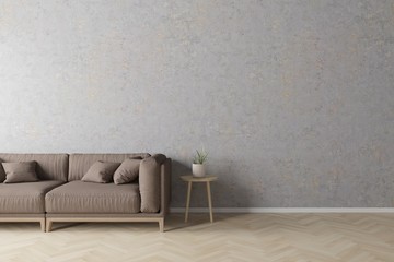 Interior of living room modern style with grey fabric sofa,wooden side table on concrete wall and wooden floor.