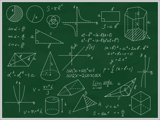 Wall Mural - Green Blackboard Mathematical with Thin Line Shapes and Inscriptions. Vector