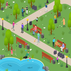 Wall Mural - People Sorting Waste Rubbish Card Poster Concept 3d Isometric View. Vector