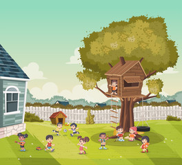 Wall Mural - Cartoon kids playing on the backyard of a colorful house in suburb neighborhood. Sports and recreation.