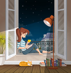 Young woman reading book in the window at night. Drinking tea and reading in the city.