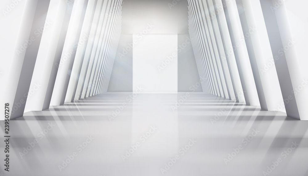 Empty hall with large windows. Interior illuminated by the rays of the sun. Vector illustration. - obrazy, fototapety, plakaty 