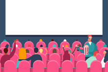 People Audience Watching Movie In Cinema Theater. Vector Flat Cartoon Illustration.