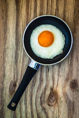 Cooked fried egg in a pan on a  wooden background texture