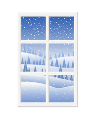 Wonderful view from the window at the winter landscape: blue sky, snow, spruce and the falling snow. High vertical window with white frame. Vector. 