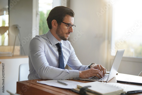 Fotografia  Attractive businessman typing on laptop in modern office