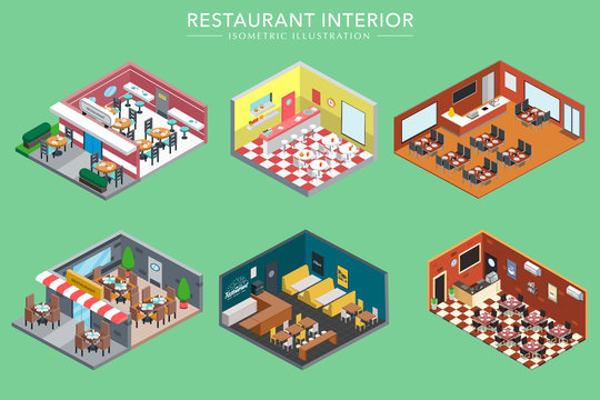 Wall Mural -  - Isometric 3d Restaurant Interiors Vector Illustration