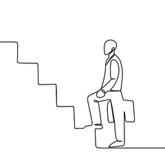 One line art drawing of a business man holding a suitcase go up the stairs. vector illustration of success company theme.