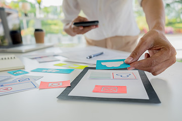 Wall Mural - Creative Web Designer planning application and developing template layout, framework for mobile phone. User experience (UX) concept.