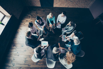 Top above high angle view of nice elegant classy chic professional business people sitting in circle talking speaking discussing company management problems solution at work place station