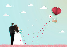 Paper Art Of Valentine Day Festival With Married Couple  And White Cat In Paper Balloon Heart Shape Basket On The Blue Sky  Vector